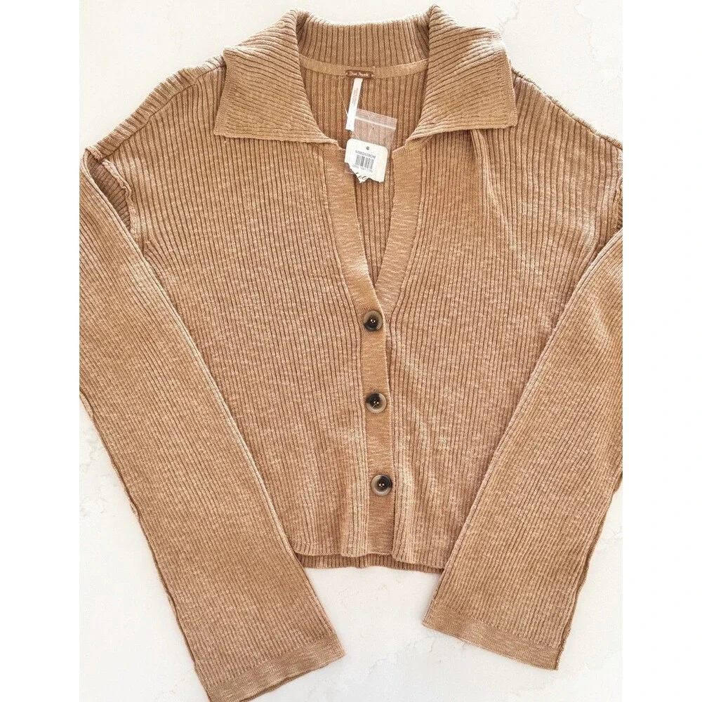 NWOT Free People Ella Button-Up Sweater Iced Coffee Women’s S Ribbed Slouchy